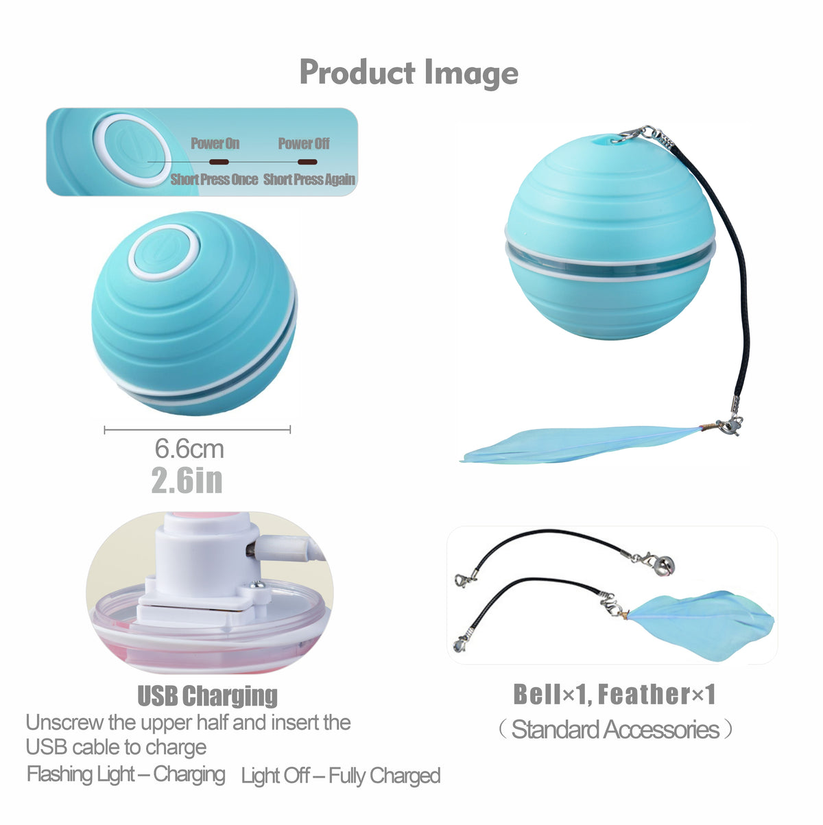 Smart Interactive Cat Toy Ball – LED Lights, Laser Pointer, Feather & Bell Attachments, USB Rechargeable, Durable ABS, Ideal for Indoor Cats