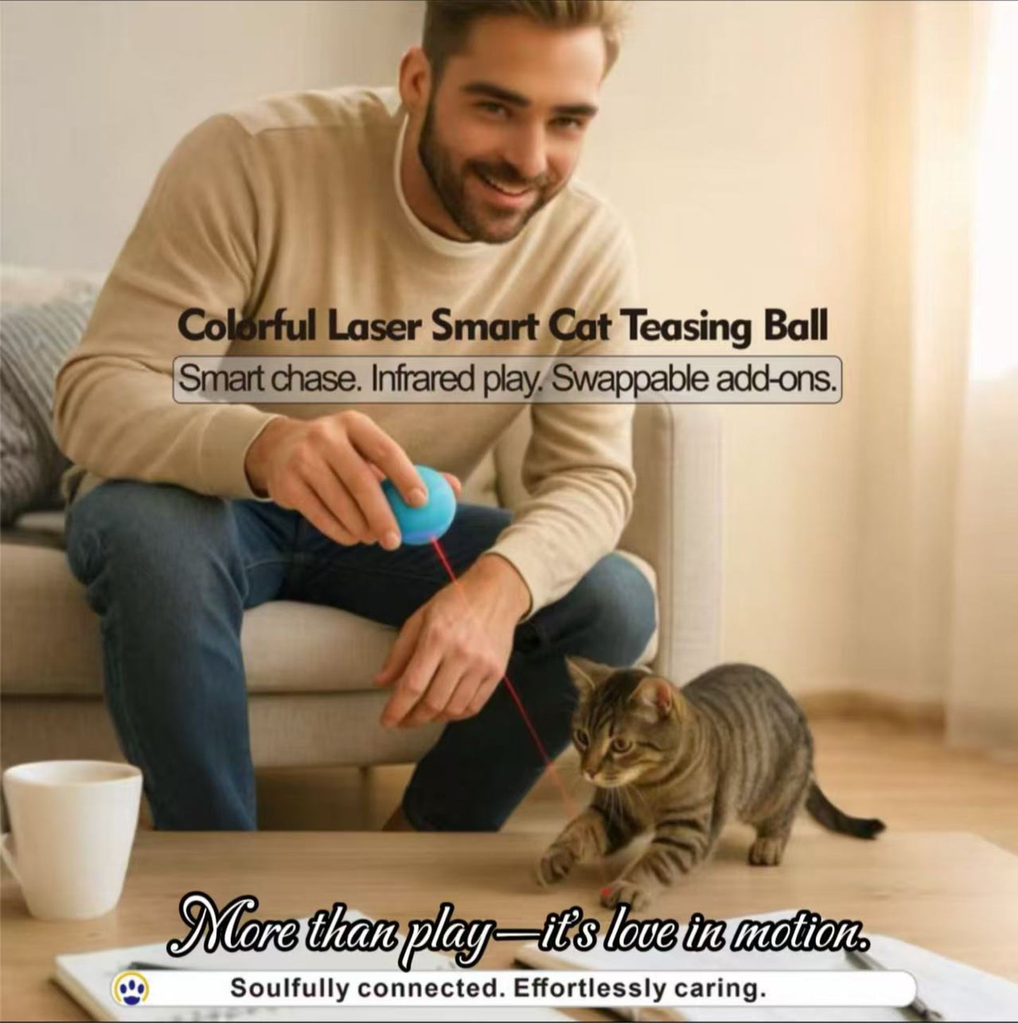 Smart Interactive Cat Toy Ball – LED Lights, Laser Pointer, Feather & Bell Attachments, USB Rechargeable, Durable ABS,  Ideal for Indoor Cats