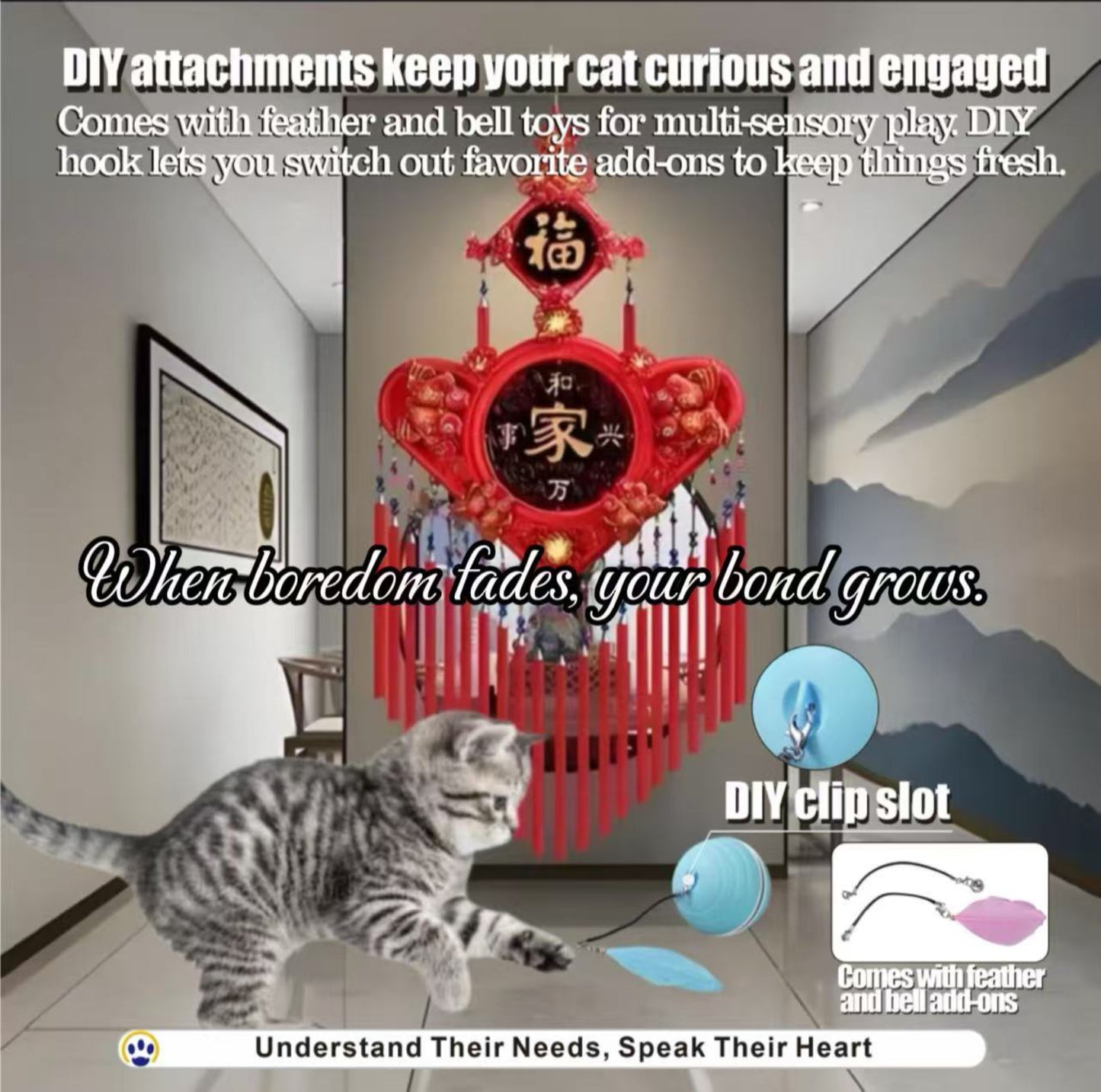 Smart Interactive Cat Toy Ball – LED Lights, Laser Pointer, Feather & Bell Attachments, USB Rechargeable, Durable ABS,  Ideal for Indoor Cats