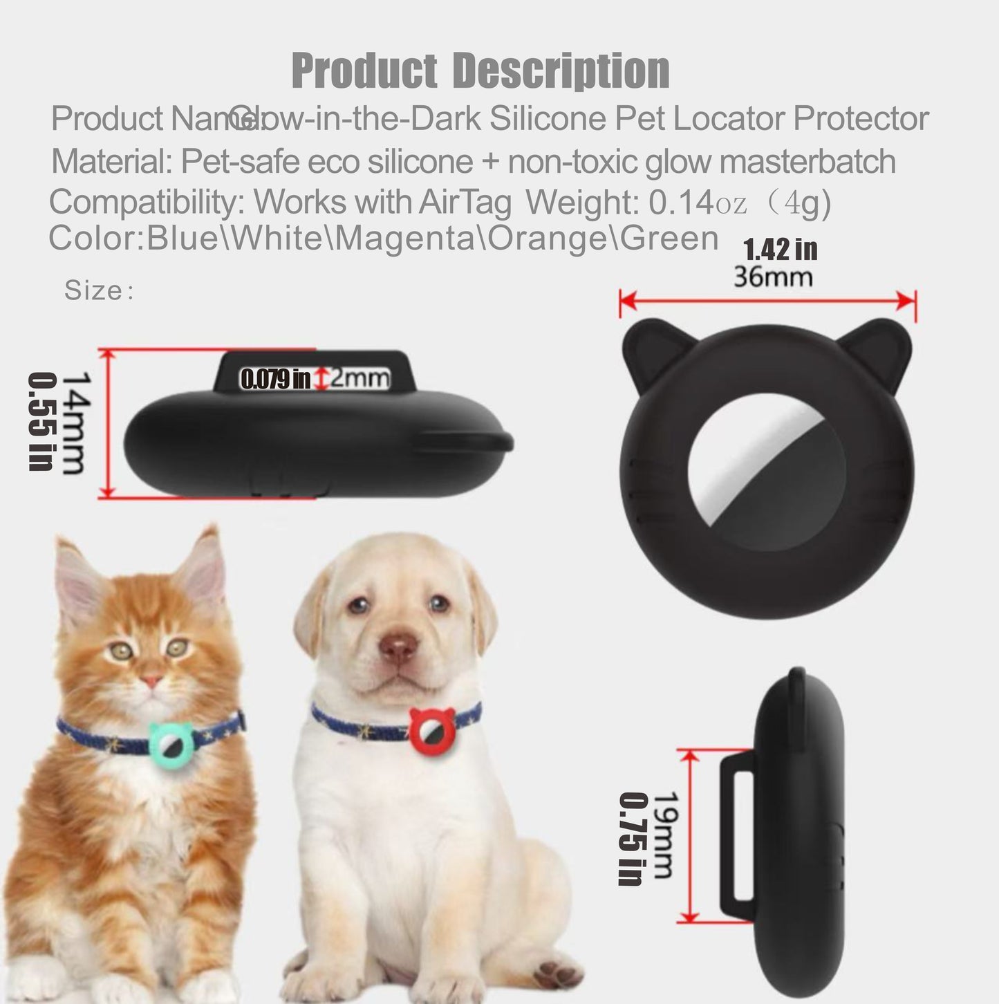Glow‑in‑the‑Dark Silicone AirTag Case for Pet Collars – IP54 Waterproof GPS Tracker Protector