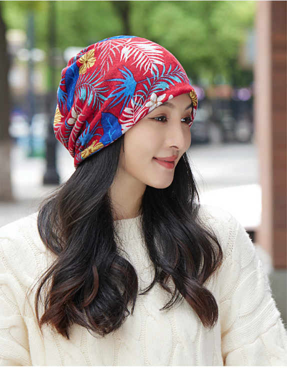 Women's Multi-functional Korean-style Hat: Spring/Fall Headscarf, Winter Beanie, Printed Slouch Hat, Neck Warmer, and Ear Protection.